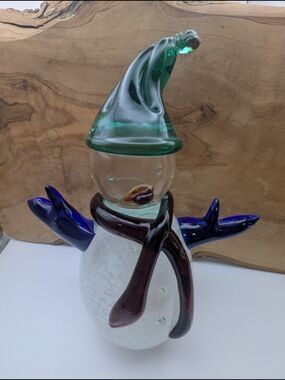 SEAR's Glass Snowman Figurine with Green Hat and Blue Arms. Holiday Decor!